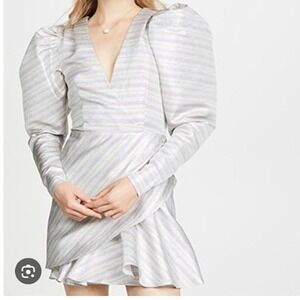Rotate Metallic Striped Mini Dress Puff Sleeve V Neck Party Cocktail Size 38 New